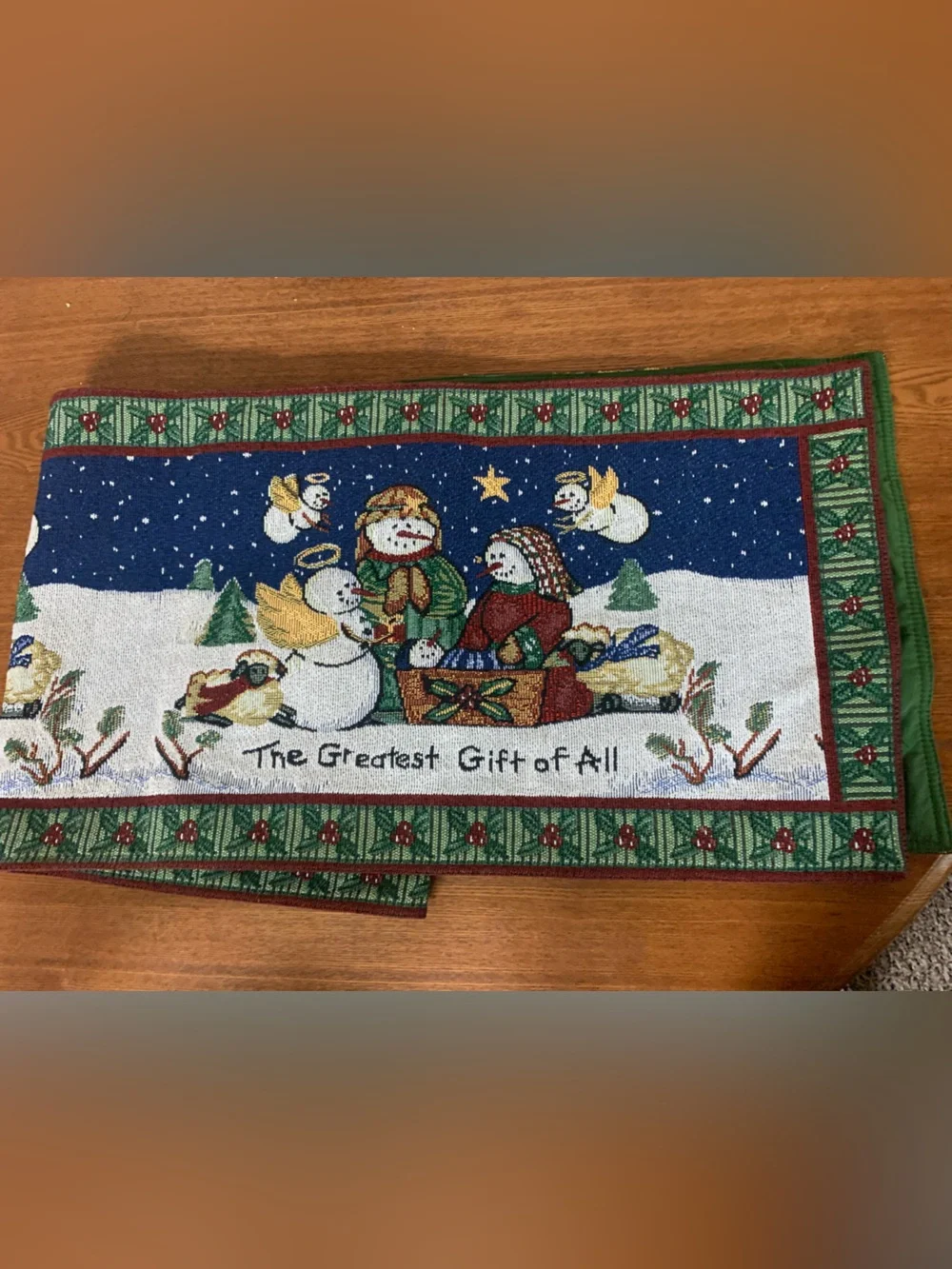 The Greatest Gift of All Snowman Nativity Tapestry Table Runner